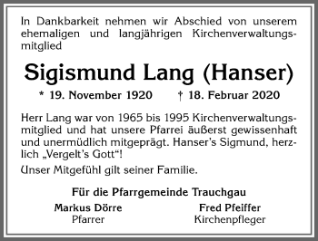 Traueranzeige von Sigismund Lang von Allgäuer Zeitung, Füssen
