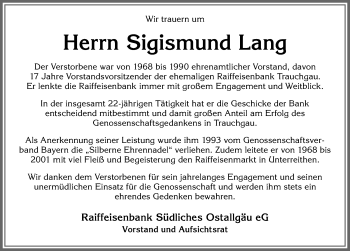 Traueranzeige von Sigismund Lang von Allgäuer Zeitung, Füssen