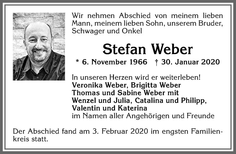  Traueranzeige für Stefan Weber vom 05.02.2020 aus Allgäuer Zeitung, Kaufbeuren/Buchloe