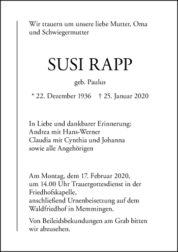 Traueranzeige von Susi Rapp von Memminger Zeitung