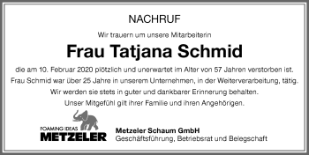 Traueranzeige von Tatjana Schmid von Memminger Zeitung