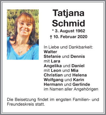 Traueranzeige von Tatjana Schmid von Memminger Zeitung
