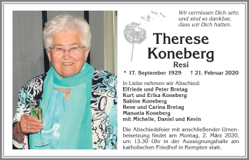 Traueranzeige von Therese Koneberg von Allgäuer Zeitung,Kempten