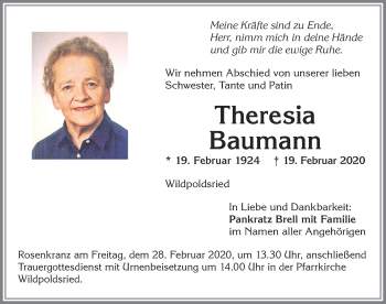 Traueranzeige von Theresia Baumann von Allgäuer Zeitung,Kempten
