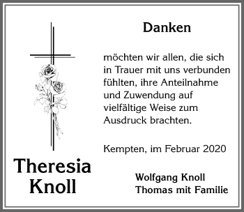 Traueranzeige von Theresia Knoll von Allgäuer Zeitung,Kempten
