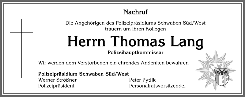  Traueranzeige für Thomas Lang vom 01.02.2020 aus Allgäuer Zeitung, Marktoberdorf