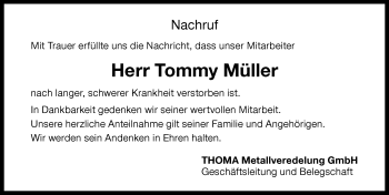 Traueranzeige von Tommy Müller von Memminger Zeitung