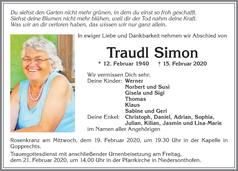  Traueranzeige für Traudl Simon vom 18.02.2020 aus Allgäuer Anzeigeblatt