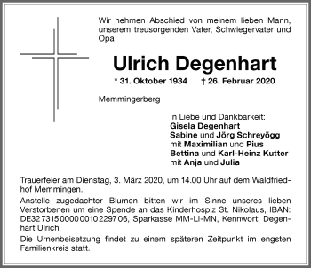 Traueranzeige von Ulrich Degenhart von Memminger Zeitung