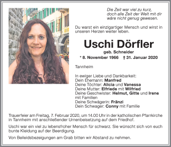 Traueranzeige von Uschi Dörfler von Memminger Zeitung
