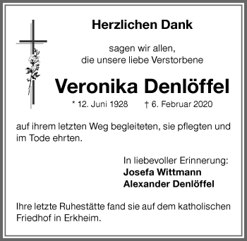 Traueranzeige von Veronika Denlöffel von Memminger Zeitung