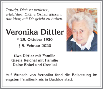 Traueranzeige von Veronika Dittler von Allgäuer Zeitung, Kaufbeuren/Buchloe