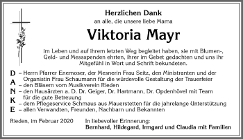 Traueranzeige von Viktoria Mayr von Allgäuer Zeitung, Kaufbeuren/Buchloe