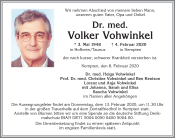 Traueranzeige von Volker Vohwinkel von Allgäuer Zeitung,Kempten