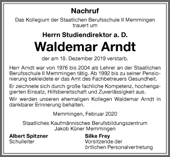 Traueranzeige von Waldemar Arndt von Memminger Zeitung