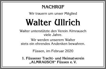 Traueranzeige von Walter Ullrich von Allgäuer Zeitung, Füssen