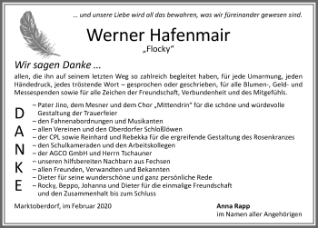 Traueranzeige von Werner Hafenmair von Allgäuer Zeitung, Marktoberdorf