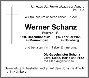 Traueranzeige von Werner Schanz von Memminger Zeitung