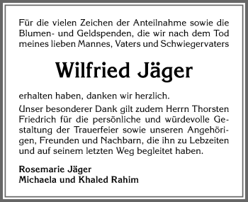 Traueranzeige von Wilfried Jäger von Allgäuer Zeitung, Kaufbeuren/Buchloe