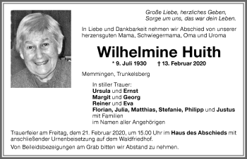 Traueranzeige von Wilhelmine HUith von Memminger Zeitung