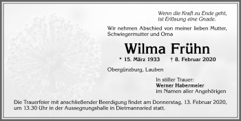 Traueranzeige von Wilma Frühn von Allgäuer Zeitung,Kempten