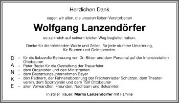 Traueranzeige von Wolfgang Lanzendörfer von Memminger Zeitung