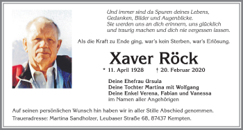 Traueranzeige von Xaver Röck von Allgäuer Zeitung,Kempten