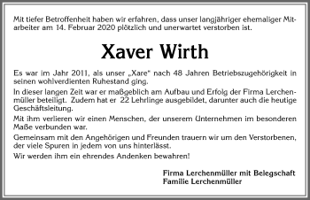 Traueranzeige von Xaver Wirth von Allgäuer Zeitung,Kempten