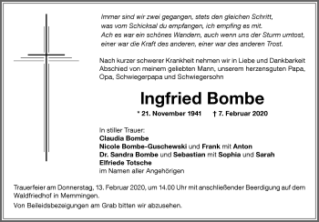 Traueranzeige von lngfried Bombe von Memminger Zeitung