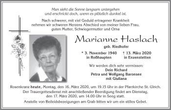 Traueranzeige von Marianne Haslach von Allgäuer Zeitung Füssen und Marktoberdorf