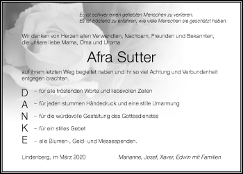 Traueranzeige von Afra Sutter von Der Westallgäuer