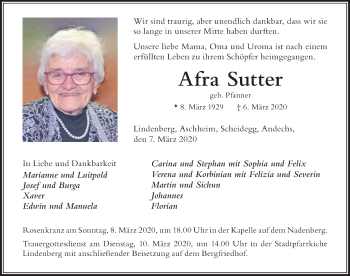 Traueranzeige von Afra Sutter von Der Westallgäuer