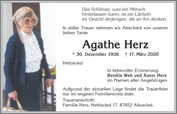 Traueranzeige von Agathe Herz von Allgäuer Zeitung,Kempten