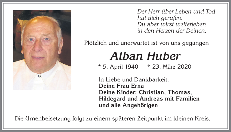  Traueranzeige für Alban Huber vom 26.03.2020 aus Allgäuer Zeitung, Marktoberdorf