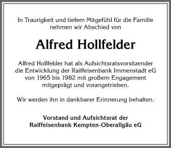 Traueranzeige von Alfred Hollfelder von Allgäuer Anzeigeblatt