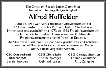 Traueranzeige von Alfred Hollfelder von Allgäuer Anzeigeblatt