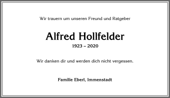 Traueranzeige von Alfred Hollfelder von Allgäuer Anzeigeblatt