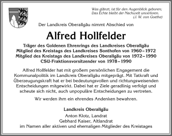 Traueranzeige von Alfred Hollfelder von Allgäuer Zeitung
