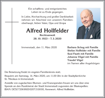 Traueranzeige von Alfred Hollfelder von Allgäuer Zeitung,Kempten