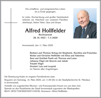 Traueranzeige von Alfred Hollfelder von Allgäuer Anzeigeblatt