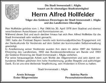 Traueranzeige von Alfred Hollfelder von Allgäuer Anzeigeblatt
