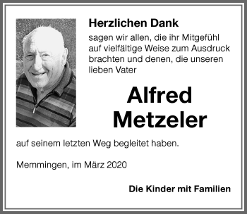 Traueranzeige von Alfred Metzeler von Memminger Zeitung
