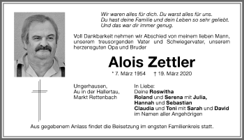 Traueranzeige von Alois Zettler von Memminger Zeitung