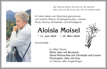 Traueranzeige von Aloisia Moisel von Allgäuer Anzeigeblatt