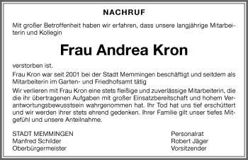 Traueranzeige von Andrea Kron von Memminger Zeitung