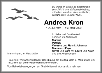 Traueranzeige von Andrea Kron von Memminger Zeitung