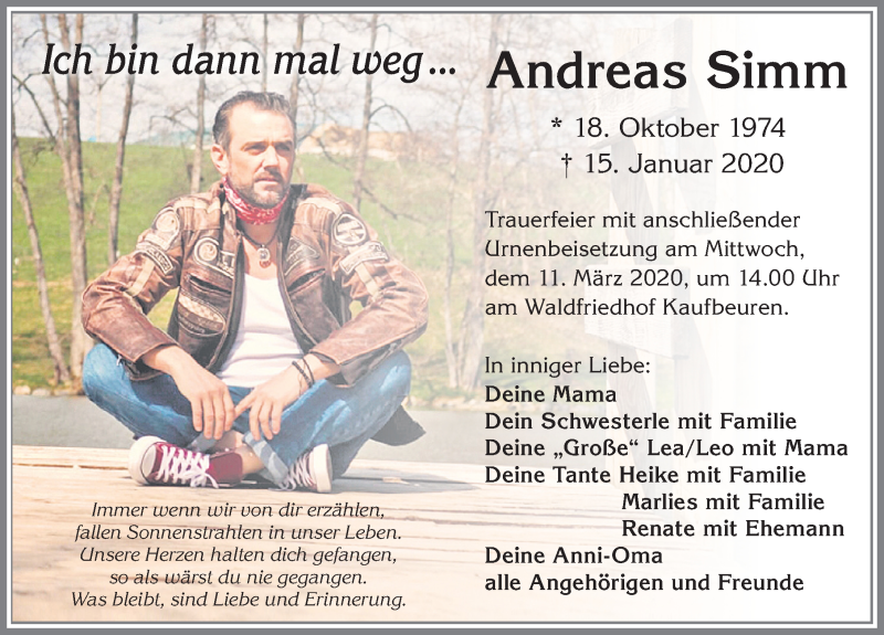  Traueranzeige für Andreas Simm vom 07.03.2020 aus Allgäuer Zeitung, Kaufbeuren/Buchloe