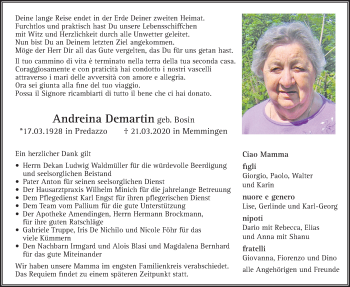 Traueranzeige von Andreina Demartin von Memminger Zeitung