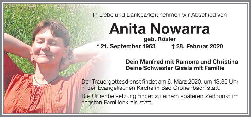 Traueranzeige für Anita Nowarra vom 04.03.2020 aus Allgäuer Zeitung