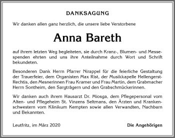 Traueranzeige von Anna Bareth von Allgäuer Zeitung,Kempten
